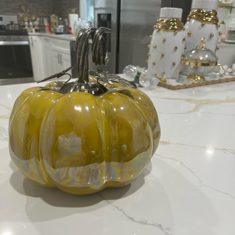 Yellow and Silver Ceramic Pumpkin Decor
